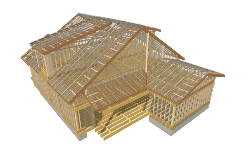 A farmhouse framed in 3D: studs, plates and roof trusses