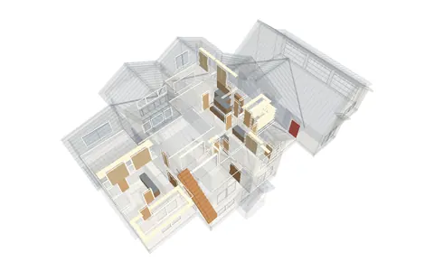 See-through house with doors, casing, cabinets and stairs drawn