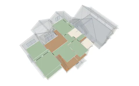 Two-story house with each room's floor colored by material