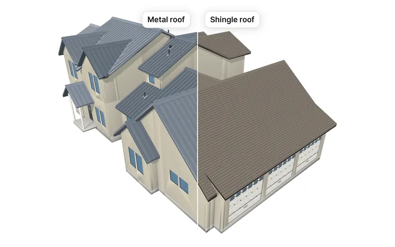The example house split down the middle: standing-seam metal on one side, shingles on the other