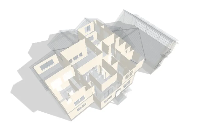 The example house's interior walls and ceilings painted room by room under a see-through shell