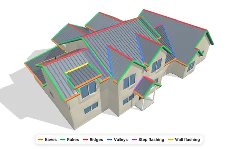 Metal roof on the example house, with eaves, rakes, ridges, valleys and flashing each traced in its own color