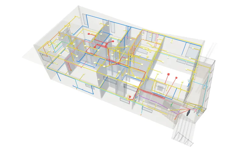 The modern example house, see-through, with its wiring and devices