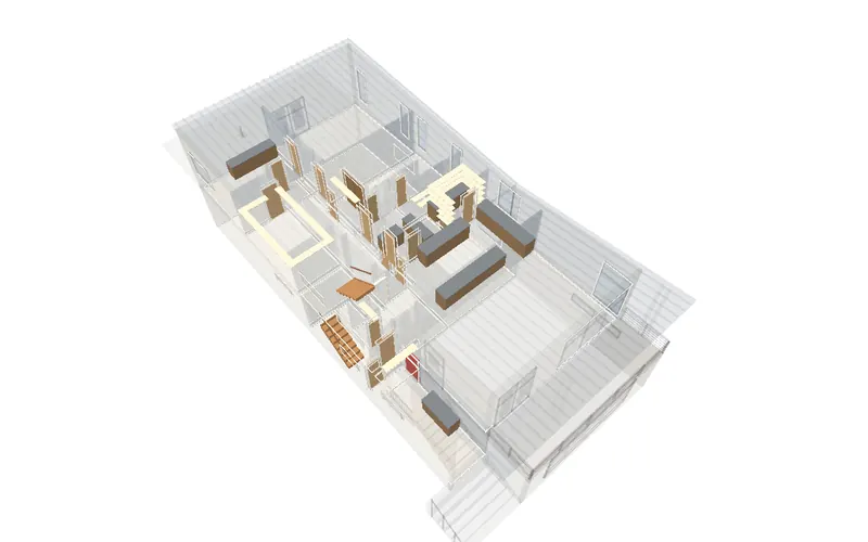 The modern example house, see-through, with its doors, trim, cabinets and stairs