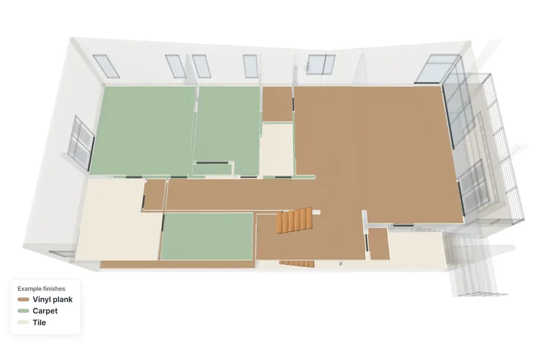 The modern example house's floor plan in 3D, each room's floor colored by material