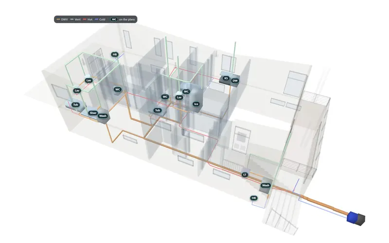 The modern example house, see-through, with its plumbing runs and fixtures