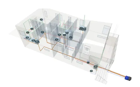 See-through house with plumbing runs and fixtures